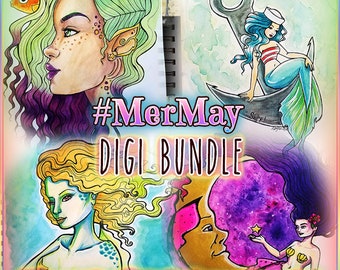 MerMay Mermaids 4 Characters UNCOLORED Digi Bundle Digi Stamp Coloring Page jpeg png jpg Craft Cardmaking Papercrafting DIY