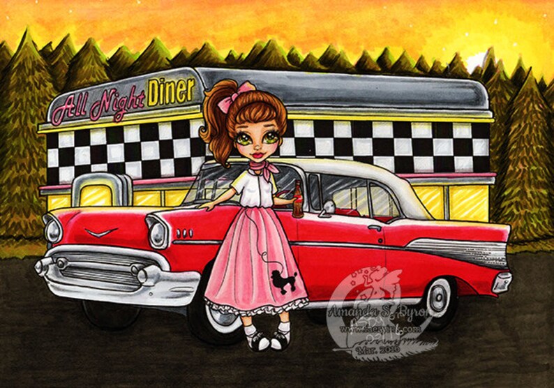 50s Poodle Skirt Girl Classic Car Diner UNCOLORED Digital | Etsy
