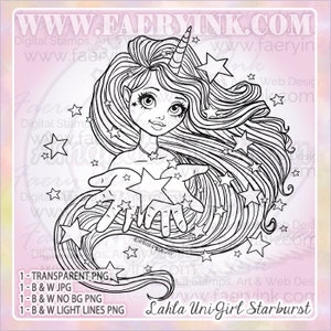 Unicorn Lahla, Starburst Portrait and Full Figure. Line Art, Digital Stamp, Coloring Page, Uncolored image 4