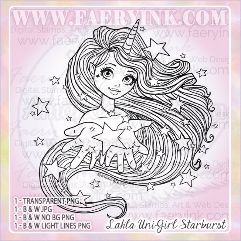 Unicorn Lahla, Starburst Portrait and Full Figure. Line Art, Digital Stamp, Coloring Page, Uncolored image 4