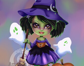 Wikky Witch Cute Ghosts Halloween Jackolanterns UNCOLORED Digital Stamp Coloring Page Craft Cardmaking Papercrafting DIY