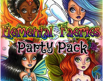 Elemental Fairy Faeries Fantasy 4 Digis BUNDLE UNCOLORED Digital Stamp Coloring Page jpeg png jpg Craft Cardmaking Papercrafting DIY