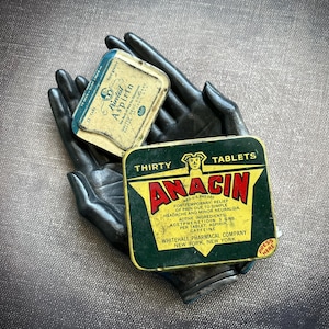 vintage pharmacy tins for Anacin and Puretest aspirin, early medical advertising collectibles,  litho pill tins, anvilsattic