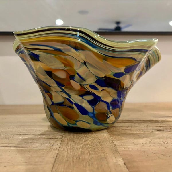 Hand Blown Glass Bowl, Cobalt, Taupe, Dark Brown Colors, Decorative Bowl for Home, Candy Dish, Potpourri Bowl