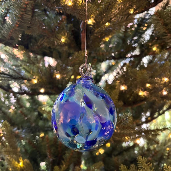 Hand Blown Glass Christmas Ornament, Handmade Christmas Tree Ornament, Cobalt Blue, Turquoise, Light Blue, Handmade in the Ozarks