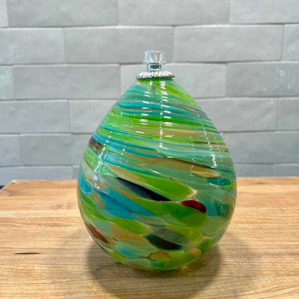 Handblown Glass Oil Lamp, Green, Lime  Green, Gold, Amber, Brown, Handmade in the Ozark Mountains