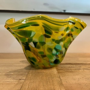 Hand Blown Glass Bowl | FREE SHIPPING | Yellow, Green, and Gold | Decorative Glass Bowl for Home