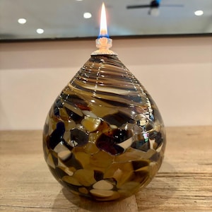 Brown, Tan, and Ivory Glass Oil Lamp | Handblown Glass Oil Lamp | Made in the Ozark Mountains | Glass Candle | Great Gift |Housewarming Gift
