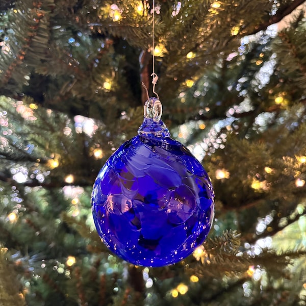 Hand Blown Glass Christmas Ornament, Handmade Christmas Tree Ornament, Cobalt Blue, Handmade in the Ozark Mountains