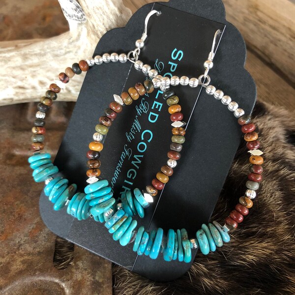 Huge,  Turquoise, Jasper & Sterling Hoop Earrings