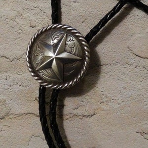 Silver Star with Rope Trim Bolo Tie - Braided Black Leather Cord - Silver Finish Tips