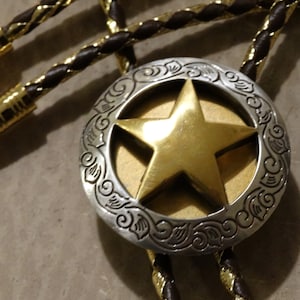 Silver and Gold Finish Star Bolo Tie - Dressy Gold and Brown Leatherette Cord - Gold Finish Tips
