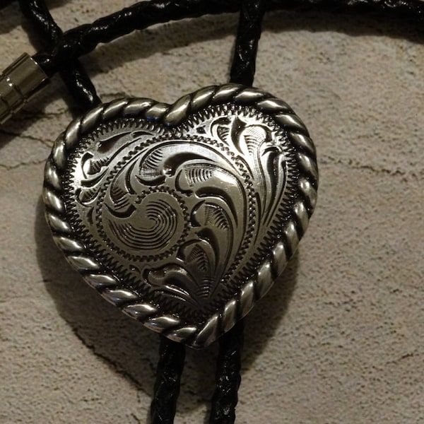 Antique Silver Finish Heart Bolo Tie - Black Leather Cord - Silver Finish Tips
