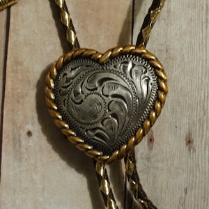 Silver and Gold Finish Heart Bolo Tie - Dressy Brown and Gold Leatherette Cord - Gold Finish Tips