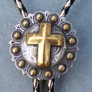 Silver Finish with Gold Cross Bolo Tie  -  Dressy Gold and Black Cord - Gold Finish Tips