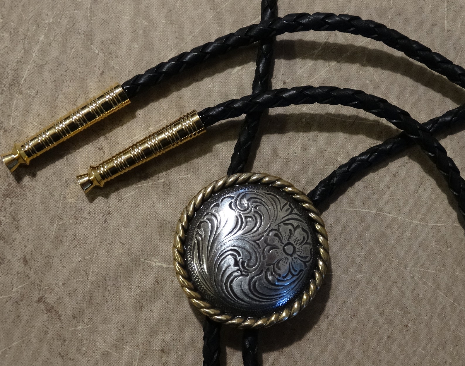 Silver With Gold Rope Edge Bolo Tie Black Leather Cord Etsy