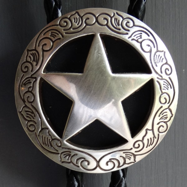 Silver Finish Star Bolo Tie - Braided Black Leather Cord - Silver Finish Tips