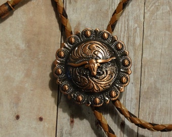 Cravatta Longhorn Bolo Finitura Rame - Cordoncino Marrone, Marrone e Beige - Punte Finitura Rame