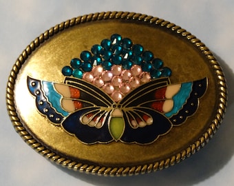 Brass Finish Belt Buckle con farfalla e strass