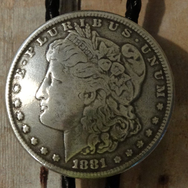 Morgan Silver Dollar Bolo - Lady Liberty Side -  Leather Cord - Silver Finish Tips