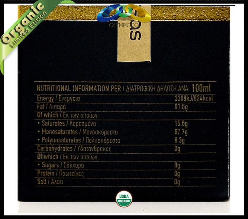 K&ouml;nnte beinhalten: Ein schwarzes Etikett mit goldenen Akzenten, das N&auml;hrwertangaben pro 100 ml anzeigt. Das Etikett enth&auml;lt das USDA Organic-Siegel und die Worte "Organic Limited Edition."