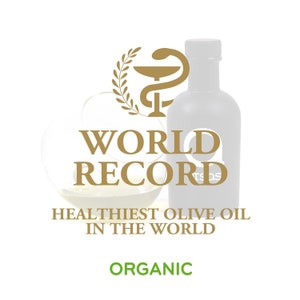 Puede incluir: Una botella de vidrio de aceite de oliva con una etiqueta dorada que dice "R&eacute;cord mundial Aceite de oliva m&aacute;s saludable del mundo" y "Org&aacute;nico". La botella est&aacute; delante de un s&iacute;mbolo m&eacute;dico dorado con una corona de laurel.