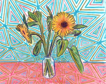 Maximalist Sonnenblumen Original Kunst, Blumenstrauß im Mason Jar Stillleben Druck