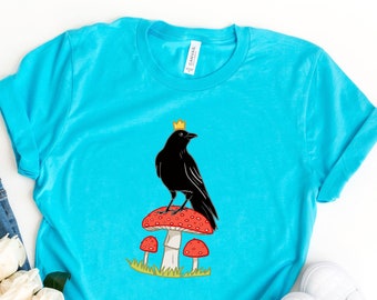 King Crow Shirt, Raven Graphic Art Tee, Psychedelic Mushroom Shirt, Birdwatching Tee, Corvid Tee, Bird Lover Shirt, PNW Shirts, Red Mushroom