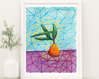 Orange Mandarin Painting, Colorful Fruit Poster for Kitchen, Rainbow Watercolor Maximalist