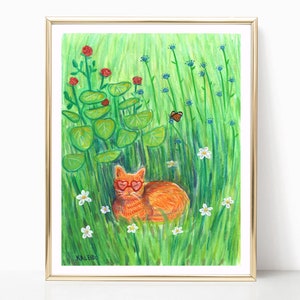 May include: A watercolor painting of an orange cat wearing heart-shaped sunglasses, lying in a field of green grass with white and blue flowers. A butterfly flies above the cat.