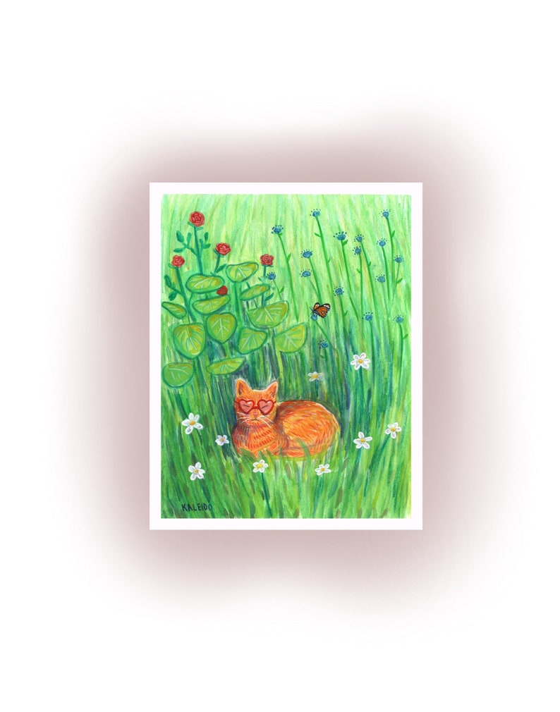 Watercolor illustration of an orange cat with heart sunglasses sits in a peaceful garden