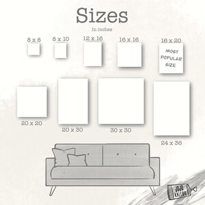 K&ouml;nnte beinhalten: Abbildung mit Leinwandgr&ouml;&szlig;en in Zoll: 8x8, 8x10, 12x16, 16x16, 16x20, 20x20, 20x30, 30x30, und 24x36. Der Text zeigt "BELIEBTESTE GR&Ouml;SSE" an. Eine Sofa-Illustration befindet sich am unteren Rand. Der Text "Gr&ouml;&szlig;en" ist oben.