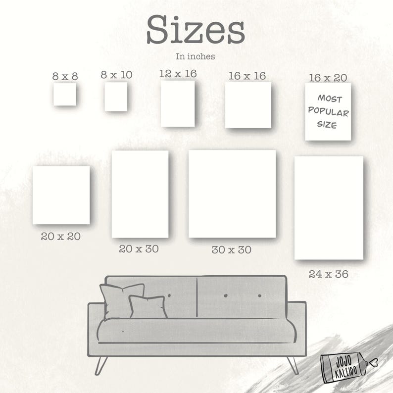 K&ouml;nnte beinhalten: Abbildung mit Leinwandgr&ouml;&szlig;en in Zoll: 8x8, 8x10, 12x16, 16x16, 16x20, 20x20, 20x30, 30x30, und 24x36. Der Text zeigt "BELIEBTESTE GR&Ouml;SSE" an. Eine Sofa-Illustration befindet sich am unteren Rand. Der Text "Gr&ouml;&szlig;en" ist oben.