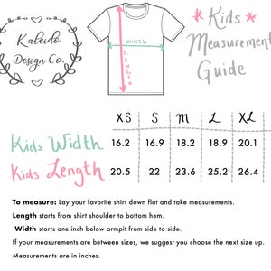 May include: Kids' clothing size chart with measurements in inches for width and length. The chart includes sizes XS, S, M, L, and XL.  The chart is labeled "Kids Width" and "Kids Length".