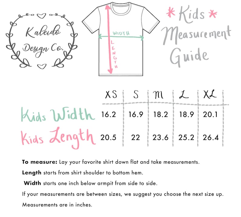 May include: Kids' clothing size chart with measurements in inches for width and length. The chart includes sizes XS, S, M, L, and XL.  The chart is labeled "Kids Width" and "Kids Length".