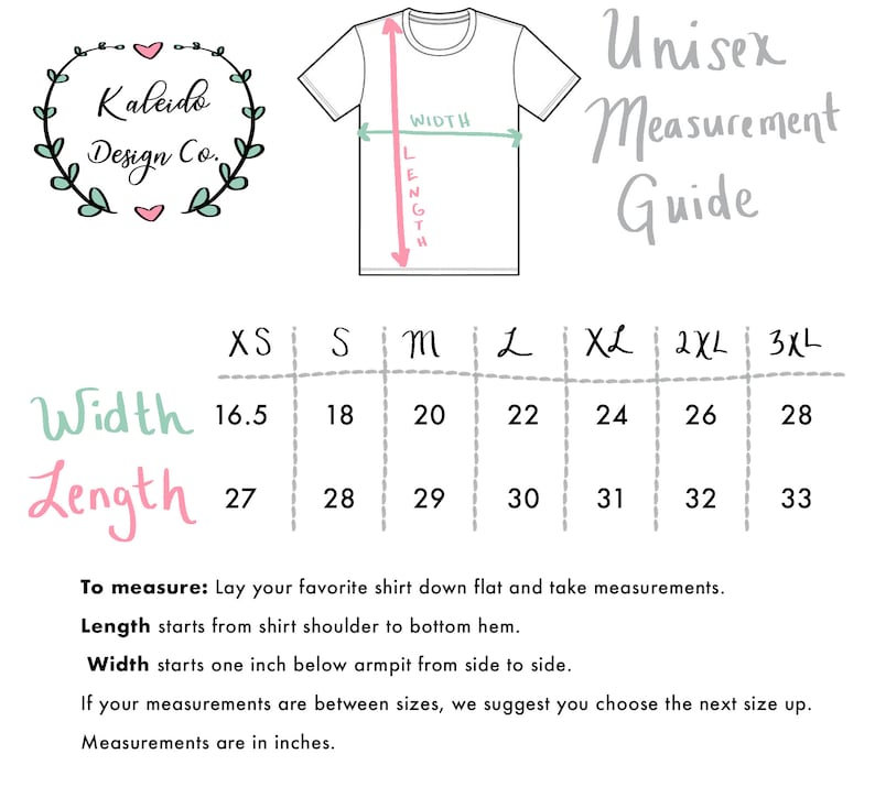 May include: Unisex t-shirt size chart with measurements in inches for width and length. Sizes include XS, S, M, L, XL, 2XL, and 3XL.