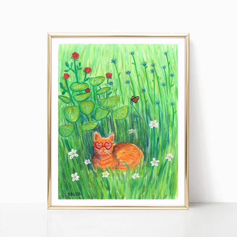 May include: A watercolor painting of an orange cat wearing heart-shaped sunglasses, lying in a field of green grass with white and blue flowers. A butterfly flies above the cat.