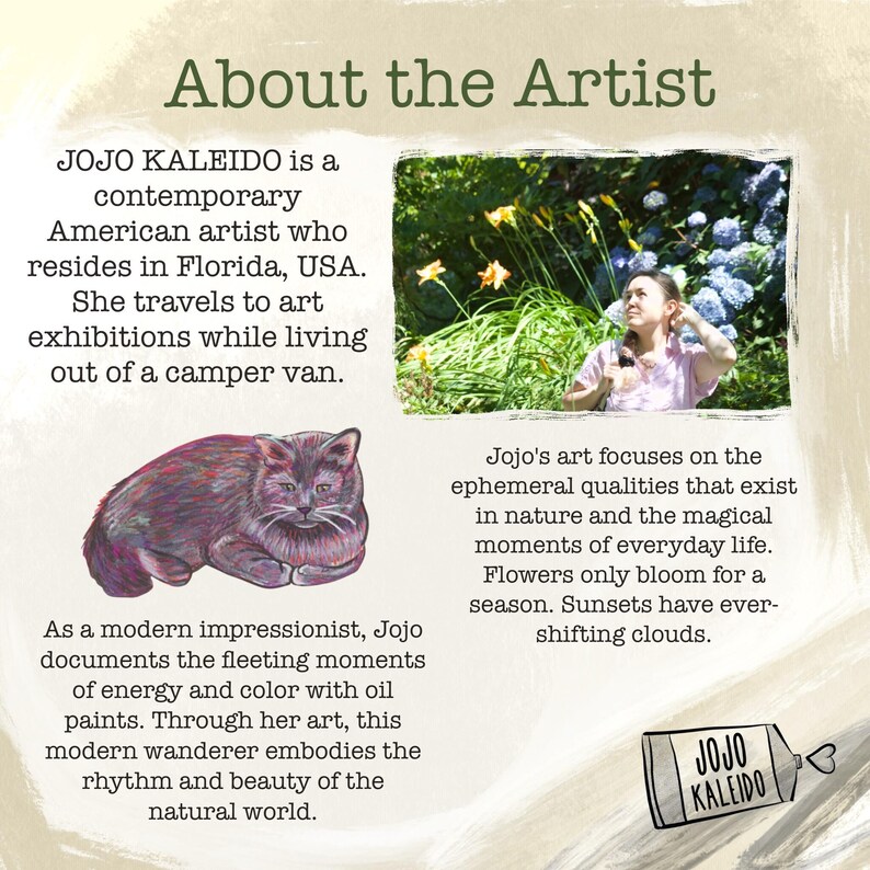 K&ouml;nnte beinhalten: Eine informative Grafik mit dem Titel "&Uuml;ber den K&uuml;nstler" enth&auml;lt Informationen &uuml;ber Jojo Kaleido, eine zeitgen&ouml;ssische amerikanische K&uuml;nstlerin. Das Bild enth&auml;lt eine Zeichnung einer Katze, ein Foto einer Frau und das Logo des K&uuml;nstlers.