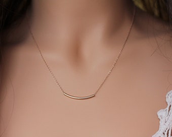 Delicate gebogen bar ketting, buis ketting, 14k die Rose Gold filled