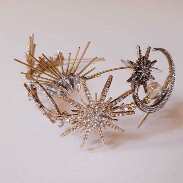Celestial Statement Bridal Headpiece - Constellation Headband - Stars and Moons Headband - Boho Stars Bridal - Gold Stars Crown