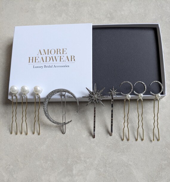 Silver Stars and Moon Hair Pin Set - Celestial Hair Pin Set 