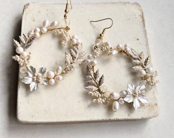 Statement Bridal Earrings - Hand Made Bridal Earrings - Whimsical Bridal Earrings - Boho Bridal Earrings - Floral Hoop Earrings