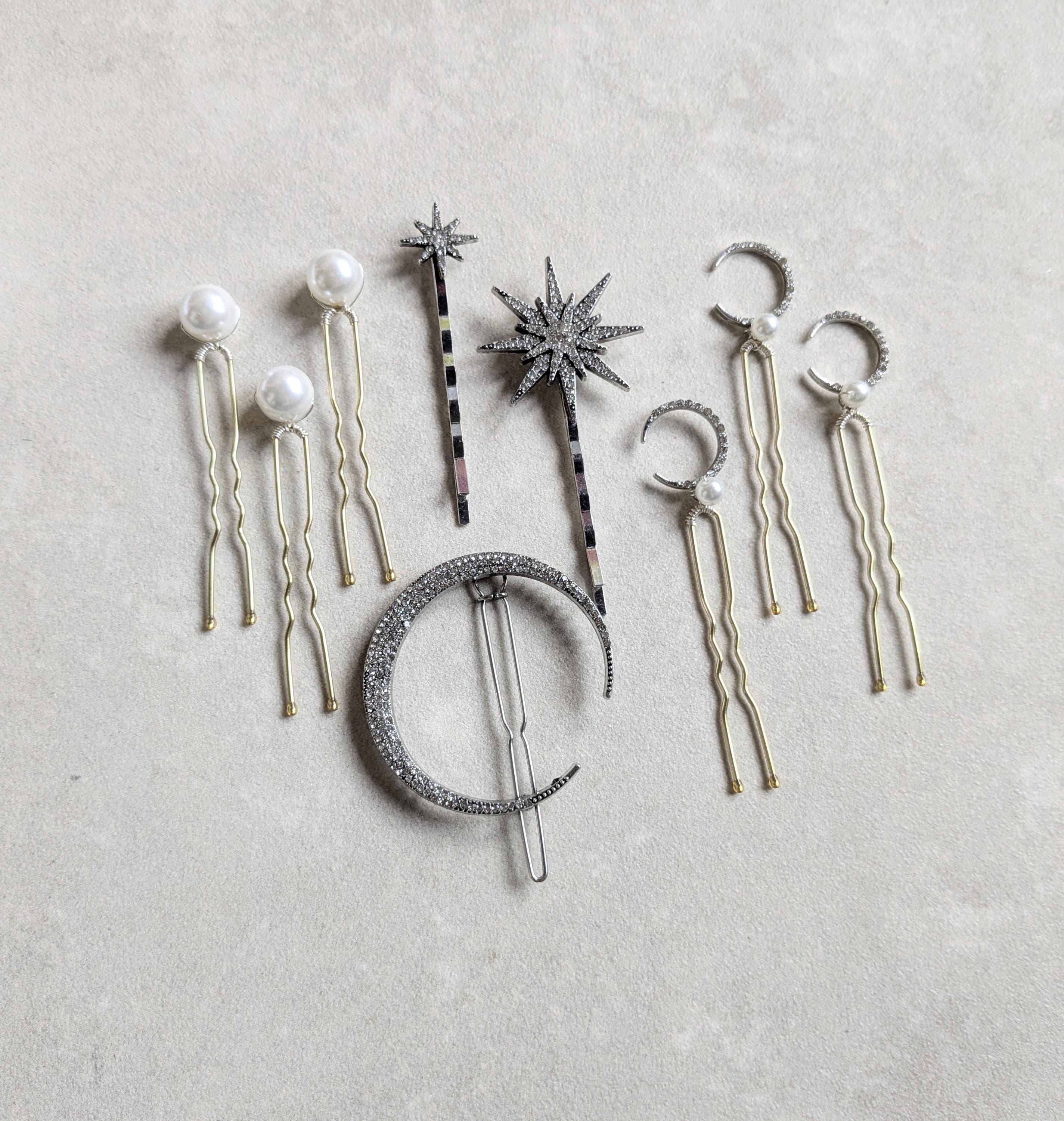 Silver Stars and Moon Hair Pin Set - Celestial Hair Pin Set  display picture 2
