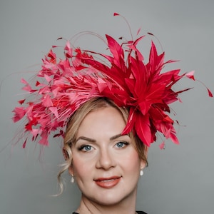 May include: A woman wearing a large, bright pink feather headpiece. The feathers are arranged in a cascading design, with some feathers standing upright and others flowing down.
