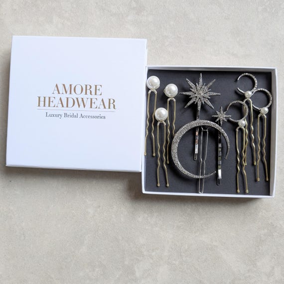 Set of 3 Silver Crystal Crescent Moon and Stars Starburst Hair Pins Rhinestone Silver Stars and Moon Hair Pin Set - Celestial Hair Pin Set  main image 2