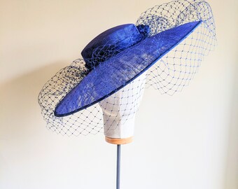 SAMPLE SALE! Cobalt Blue Wedding Hat - Boater Hat- Wedding Guest Hat - Modern Wedding Hat - Mother Of The Bride Hats  - Hat With Veil