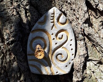 Magical Garden~Faerie Door~Hazel Tree Ogham~Inscribed~Unique~Protection Charm~Concrete~Outdoor~Use~Grey~Orange~Handmade~Freehand