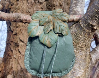 Handmade, Sycamore Leaf Design, Leather Bag/Pouch, Belt Loop, Drawstring Fastener, Teal, Eco Friendly, Leather Leaf, Engraved/Formed, Unique