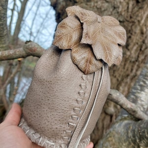 Leather accessories, Sycamore Leaf Design, Drawstring, Belt Bag, Pouch, Bucket Bag, Light Brown, Engraved, Formed Leaves, Eco Friendly.