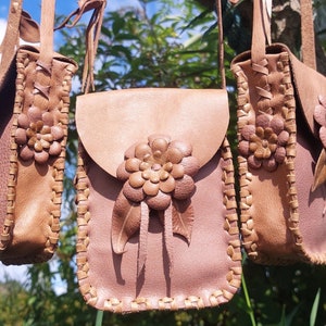 Leather Bag, Floral Design, Cross Body Bag, Purse, Dusty Rose & Tan, Soft, Eco Friendly, Top Grain Leather, Limited Edition, Handmade,